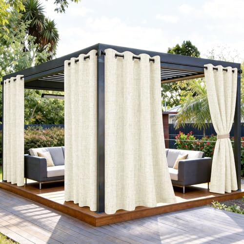Outdoor Curtains for Patio Waterproof, 1 Panel Non-See-Through Linen Curtains with Grommet Top Indoor Outdoor