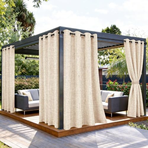 Outdoor Curtains for Patio Waterproof, 1 Panel Non-See-Through Linen Curtains with Grommet Top Indoor Outdoor