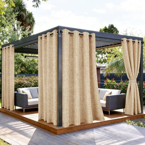 Outdoor Curtains for Patio Waterproof, 2 Panels Non-See-Through Linen Curtains with Grommet Top Indoor Outdoor