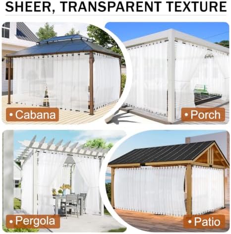 Outdoor Curtains for Patio White Sheer Curtains 108 Inches Long 2 Panels Set with Zipper Top & Bottom Grommet, alternate view