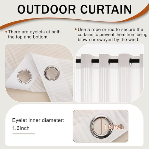 Outdoor Curtains for Patio White Sheer Curtains 120 Inches Long 2 Panels Set with Zipper Top & Bottom Grommet, alternate view