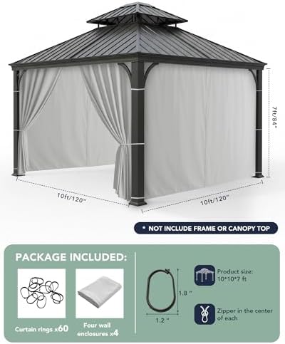 Outdoor Curtains Patio Waterproof with Zipper, 4-Panel, Silver in Silver, alternate view 3
