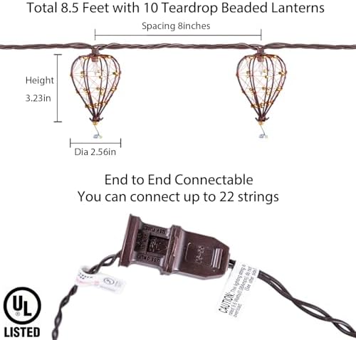 Outdoor Decorative String Lights, Beaded Copper Wire Teardrop Lantern String Lights, Incandescent Patio String, alternate