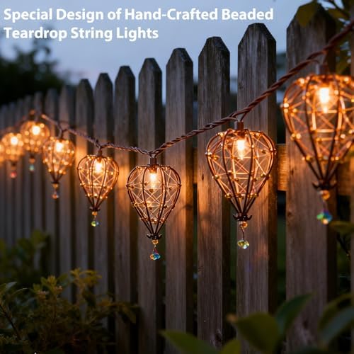 Outdoor Decorative String Lights, Beaded Copper Wire Teardrop Lantern String Lights, Incandescent Patio String, alternate