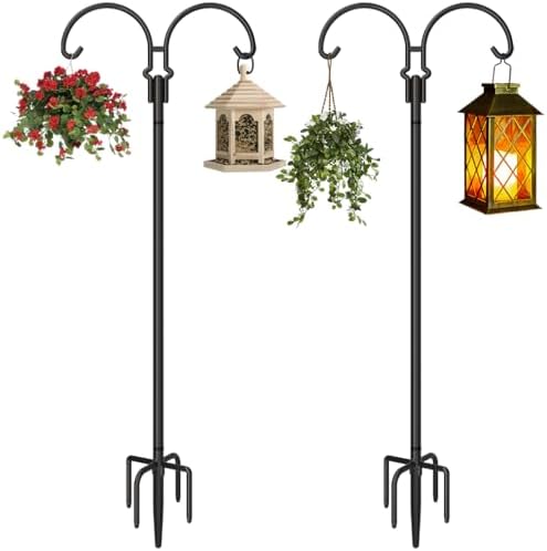 Outdoor Double Shepherds Hook with 5 Prong Base, 92 Inch, 2 Pack