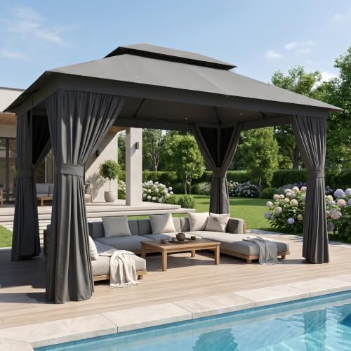 Outdoor Gazebo Canopy with Netting and Curtains 12'x10'