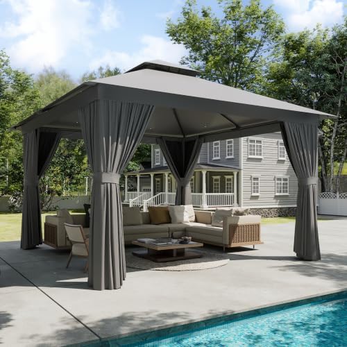 Outdoor Gazebo Canopy with Netting and Curtains 12'x12'