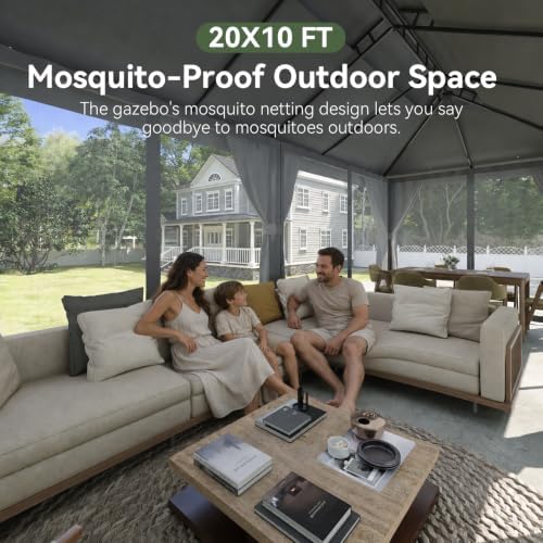 Outdoor Gazebo Canopy with Netting and Curtains 20'x10', alternate view 3