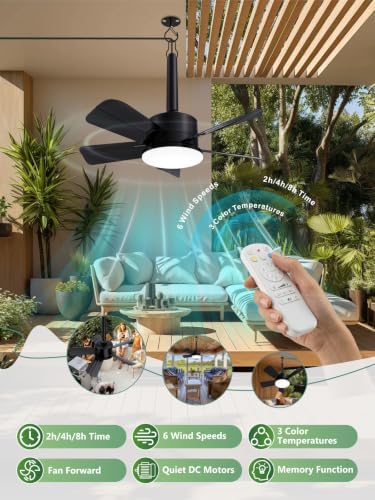 Outdoor Gazebo Ceiling Fan with Light and Remote, 18 Inch, Black in Black, alternate view 4