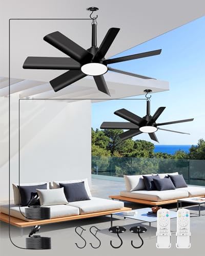 Outdoor Gazebo Ceiling Fan with Light and Remote, 28 Inch, Black in Black