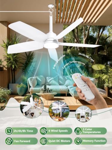 Outdoor Gazebo Ceiling Fan with Light and Remote, 36 Inch, White in White, alternate view 4