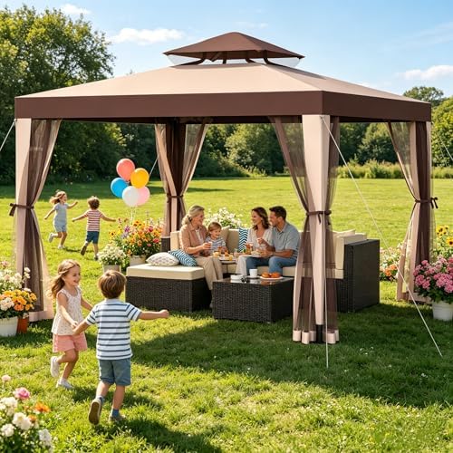 Outdoor Gazebo for Patio, 10×10 Canopy Tent with Mosquito Nettings(Red) in Red