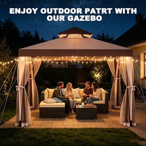 Outdoor Gazebo for Patio, 10×10 Canopy Tent with Mosquito Nettings(Red) in Red, alternate view 7