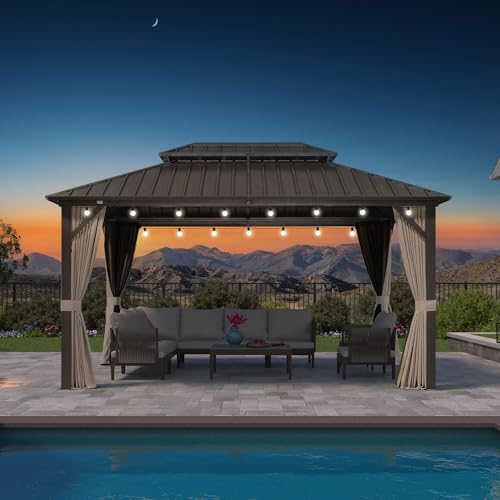 Outdoor Hardtop Gazebo 10' x 14' Vented Roof with LED Bronze