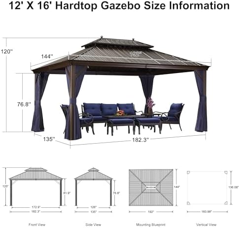 Outdoor Hardtop Gazebo 12' x 16' Aluminum 4.7" Wide Frame Patio, alternate view 2