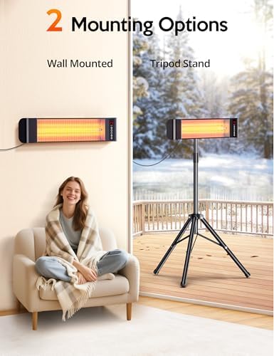 Outdoor Heaters, Electric Infrared Patio Heater with Remote and 12H Timer, IP65 Waterproof, 3 Heat Levels, Wall, alternate