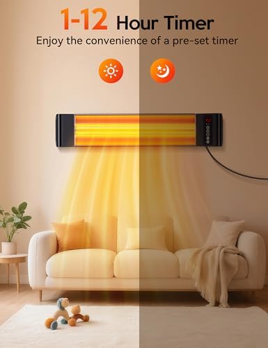 Outdoor Heaters, Electric Infrared Patio Heater with Remote and 12H Timer, IP65 Waterproof, 3 Heat Levels, Wall, alternate