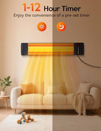 Outdoor Heaters, Electric Infrared Patio Heater with Remote and 12H Timer, IP65 Waterproof, 3 Heat Levels, Wall, alternate