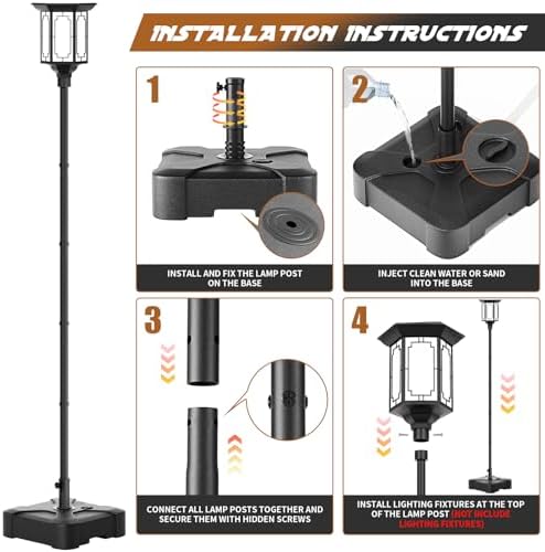 Outdoor Light Pole with Fillable Base, 8ft Cast Iron Lamp Post, 5-Section Heavy Duty Adjustable Pole for Garden, alternate