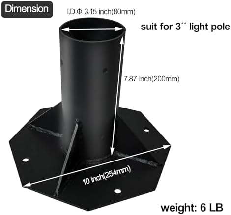 Outdoor Light Post Base for 3 inch Surface Mount Post, Heavy Duty Metal Flange Anchor Base, Black Pier Mount, alternate view