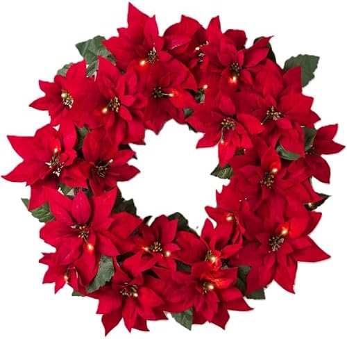 Outdoor Lit Poinsettia Celebration Christmas Wreath - 26" Festive Red Front Door Wreath with Poinsettia Flowers