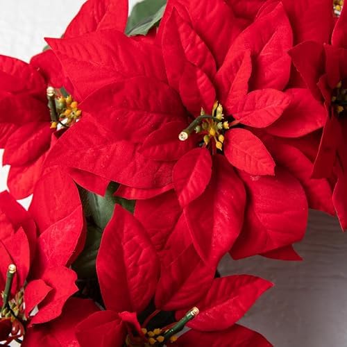 Outdoor Lit Poinsettia Celebration Christmas Wreath - 26" Festive Red Front Door Wreath with Poinsettia Flowers, alternate