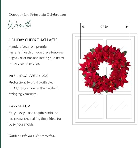 Outdoor Lit Poinsettia Celebration Christmas Wreath - 26" Festive Red Front Door Wreath with Poinsettia Flowers, alternate