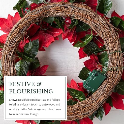 Outdoor Lit Poinsettia Celebration Christmas Wreath - 26" Festive Red Front Door Wreath with Poinsettia Flowers, alternate