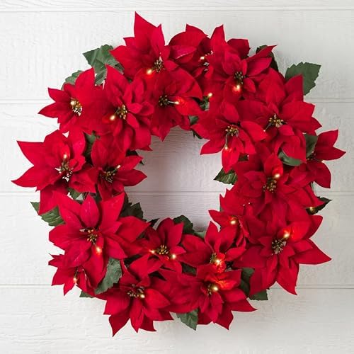 Outdoor Lit Poinsettia Celebration Christmas Wreath - 26" Festive Red Front Door Wreath with Poinsettia Flowers, alternate