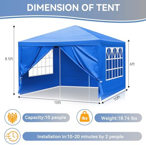Outdoor Party Tent with 4pcs Sidewalls Blue 10'x10', alternate view 2