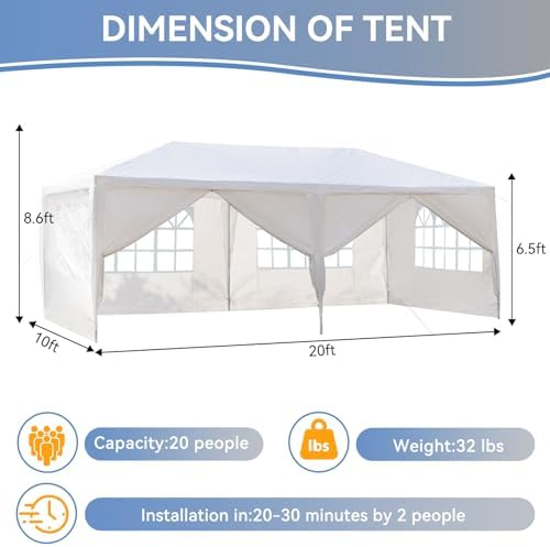 Outdoor Party Tent with 6pcs Sidewalls White 10'x20', alternate view 2