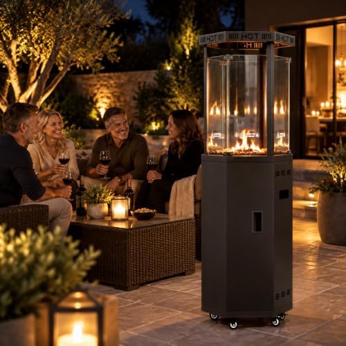 Outdoor Patio Heater, 41,000 BTU Propane Glass Flame Tower with Wheels in Black, alternate view 3