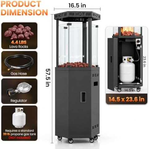 Outdoor Patio Heater, 41,000 BTU Propane Glass Flame Tower with Wheels in Black, alternate view 4