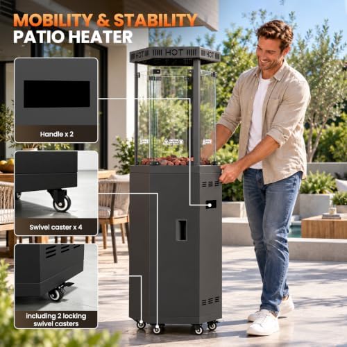Outdoor Patio Heater, 41,000 BTU Propane Glass Flame Tower with Wheels in Black, alternate view 5