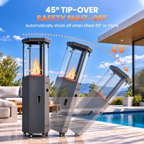 Outdoor Patio Heater, 41,000 BTU Propane Glass Flame Tower with Wheels in Black, alternate view 6