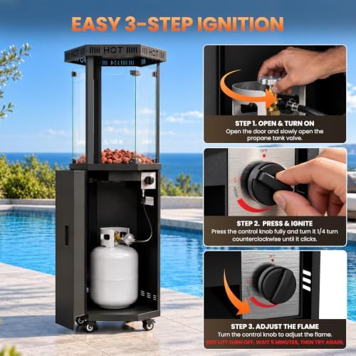 Outdoor Patio Heater, 41,000 BTU Propane Glass Flame Tower with Wheels in Black, alternate view 7