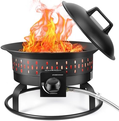 Outdoor Portable Propane Fire Pit, 19-Inch,60,000 BTU with Cover&Carry Kit, Camping Propane Fire Pits, Gas