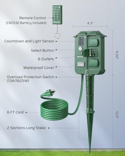 Outdoor Power Stake Timer, Dusk to Dawn Timer with 2 Remotes in Green-2 Remotes, alternate view 7