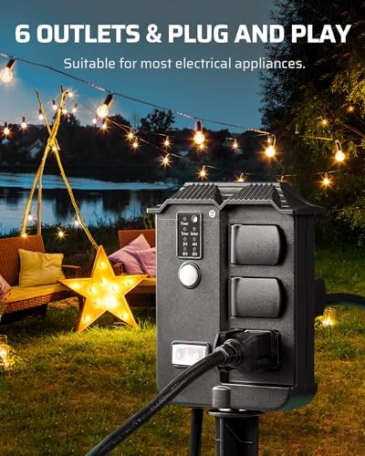 Outdoor Power Stake Timer with Remote Control, Dusk to Dawn Timer in Black, alternate view 4