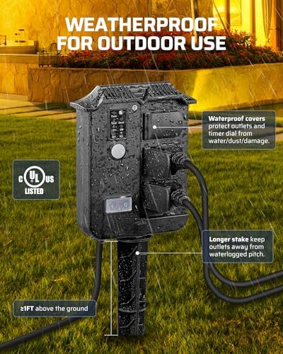 Outdoor Power Stake Timer with Remote Control, Dusk to Dawn Timer in Black, alternate view 5
