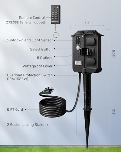 Outdoor Power Stake Timer with Remote Control, Dusk to Dawn Timer in Black, alternate view 7