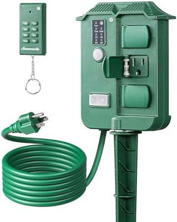 Outdoor Power Strip Stake Timer with Remote, Waterproof Cover with 6 Grounded Outlets Electric Pool Timer, 6 ft