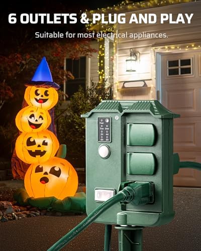 Outdoor Power Strip Stake Timer with Remote, Waterproof Cover with 6 Grounded Outlets Electric Pool Timer, 6 ft, alternate