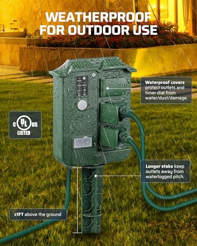 Outdoor Power Strip Stake Timer with Remote, Waterproof Cover with 6 Grounded Outlets Electric Pool Timer, 6 ft, alternate