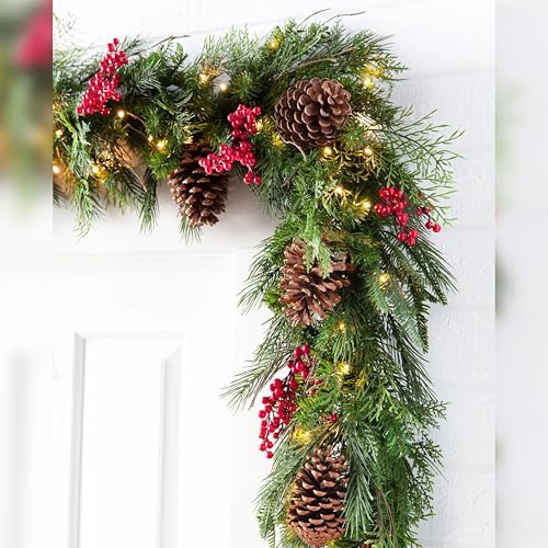 Outdoor Red Berry Pine Christmas Garland - Fresh Traditional Greenery Garland with Natural Elements &, alternate view 2