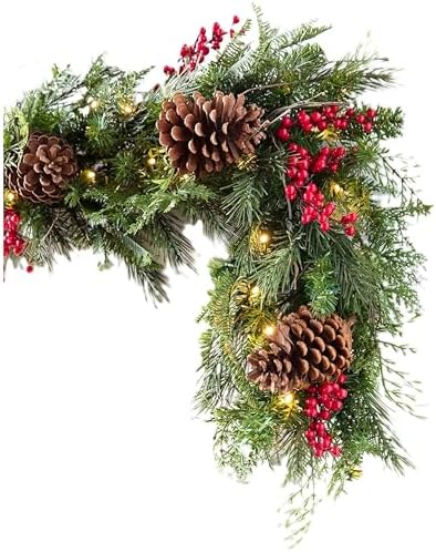 Outdoor Red Berry Pine Christmas Garland - Fresh Traditional Greenery Garland with Natural Elements &
