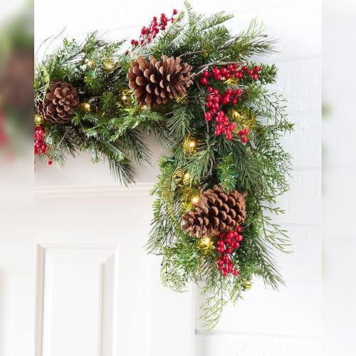 Outdoor Red Berry Pine Christmas Garland - Fresh Traditional Greenery Garland with Natural Elements &, alternate view 2