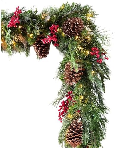 Outdoor Red Berry Pine Christmas Garland - Fresh Traditional Greenery Garland with Natural Elements &