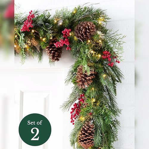 Outdoor Red Berry Pine Christmas Garland - Fresh Traditional Greenery Garland with Natural Elements &, alternate view 2