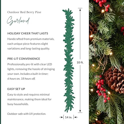 Outdoor Red Berry Pine Christmas Garland - Fresh Traditional Greenery Garland with Natural Elements &, alternate view 3